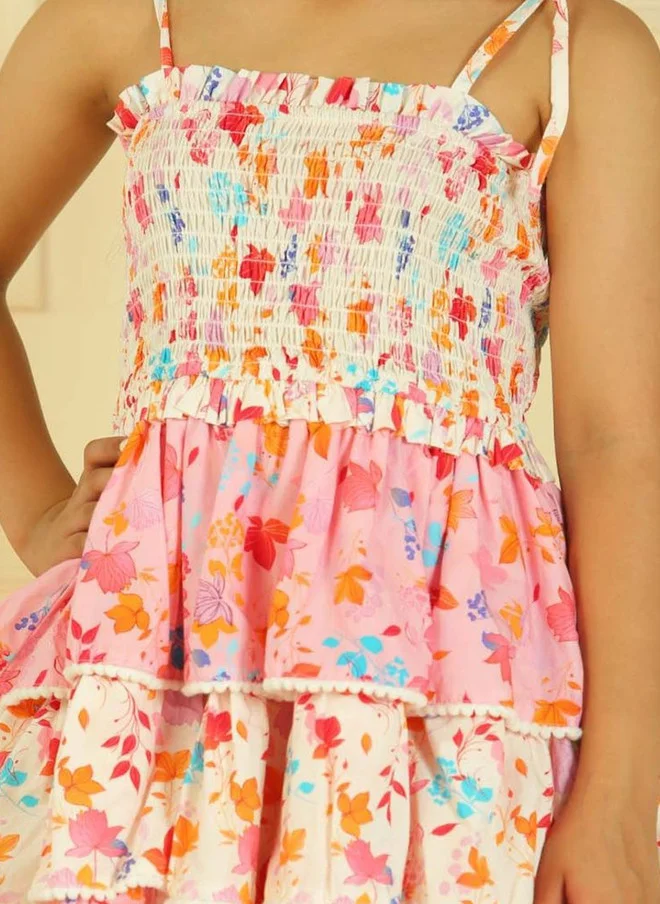 Luxe & Hardy فستان بناتي مطبوع عليه زهور، بأشرطة كتف مكشكشة متعددة الطبقات، بقصة ضيقة من الأعلى وواسعة من الأسفل